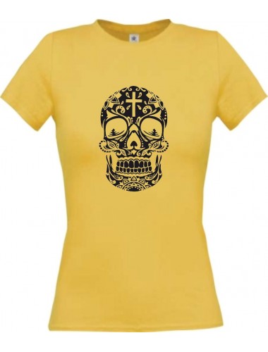 Lady T-Shirt Skull Ornament Tribal Schädel Tattoo gelb, L