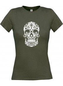 Lady T-Shirt Skull Ornament Tribal Schädel Tattoo grau, L
