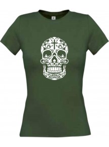 Lady T-Shirt Skull Ornament Tribal Schädel Tattoo gruen, L