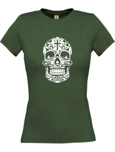 Lady T-Shirt Skull Ornament Tribal Schädel Tattoo gruen, L