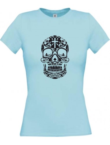 Lady T-Shirt Skull Ornament Tribal Schädel Tattoo hellblau, L