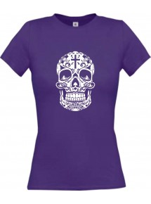 Lady T-Shirt Skull Ornament Tribal Schädel Tattoo lila, L