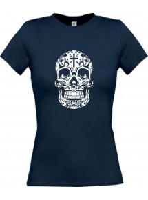 Lady T-Shirt Skull Ornament Tribal Schädel Tattoo navy, L