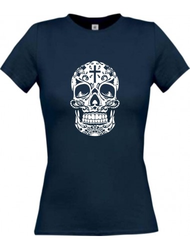 Lady T-Shirt Skull Ornament Tribal Schädel Tattoo navy, L