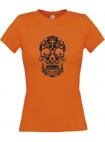 Lady T-Shirt Skull Ornament Tribal Schädel Tattoo orange, L