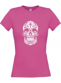Lady T-Shirt Skull Ornament Tribal Schädel Tattoo pink, L