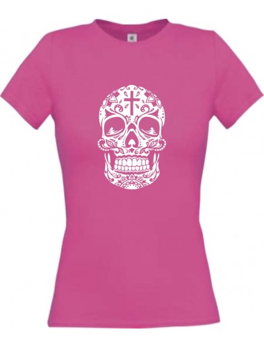 Lady T-Shirt Skull Ornament Tribal Schädel Tattoo pink, L