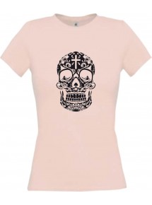 Lady T-Shirt Skull Ornament Tribal Schädel Tattoo rosa, L