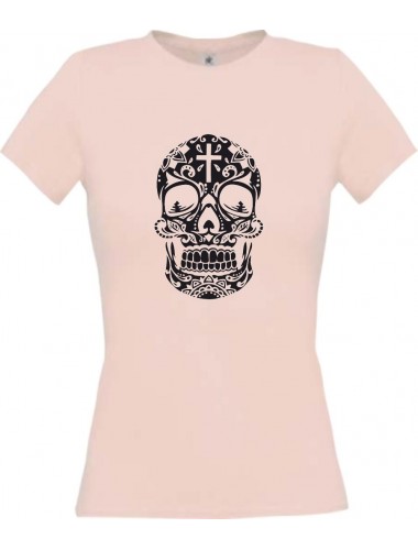 Lady T-Shirt Skull Ornament Tribal Schädel Tattoo rosa, L