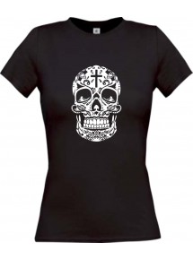 Lady T-Shirt Skull Ornament Tribal Schädel Tattoo schwarz, L