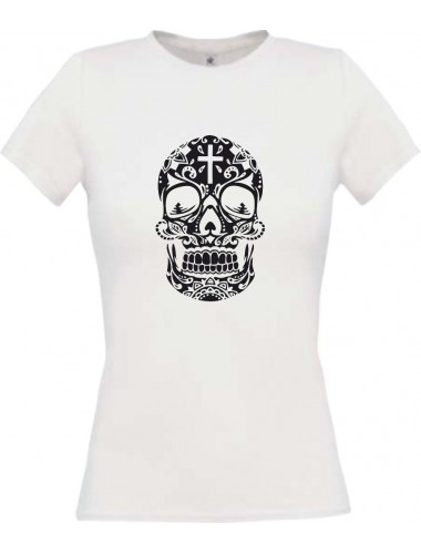 Lady T-Shirt Skull Ornament Tribal Schädel Tattoo weiss, L