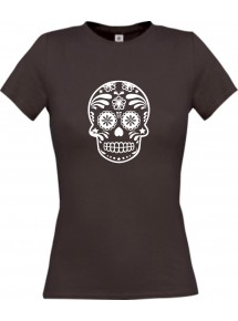 Lady T-Shirt Skull Ornament Tribal Schädel braun, L