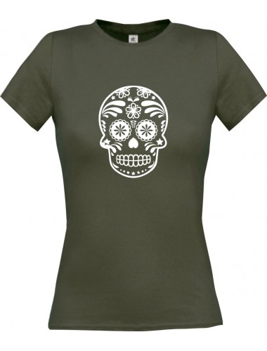 Lady T-Shirt Skull Ornament Tribal Schädel grau, L