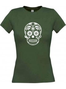 Lady T-Shirt Skull Ornament Tribal Schädel gruen, L
