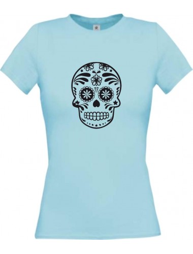 Lady T-Shirt Skull Ornament Tribal Schädel hellblau, L