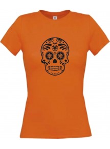 Lady T-Shirt Skull Ornament Tribal Schädel orange, L