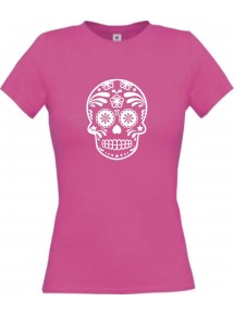 Lady T-Shirt Skull Ornament Tribal Schädel pink, L