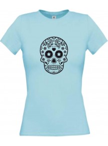 Lady T-Shirt Skull Ornament Tribal hellblau, L