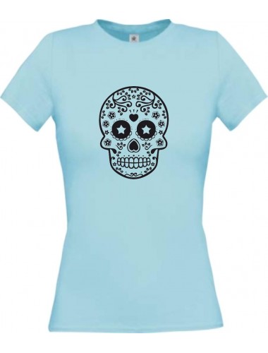 Lady T-Shirt Skull Ornament Tribal hellblau, L