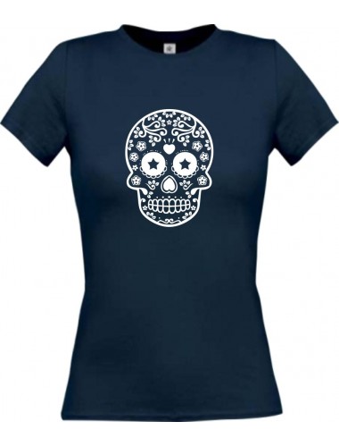 Lady T-Shirt Skull Ornament Tribal navy, L