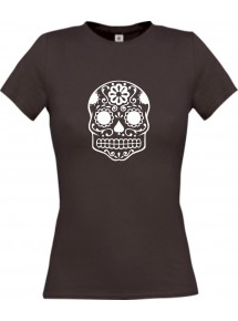 Lady T-Shirt Skull Tattoostyle braun, L