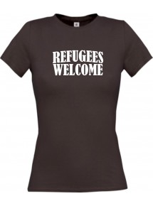 Lady T-Shirt Refugees Welcome, Flüchtlinge willkommen, Bleiberecht, braun, L