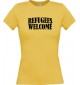Lady T-Shirt Refugees Welcome, Flüchtlinge willkommen, Bleiberecht, gelb, L