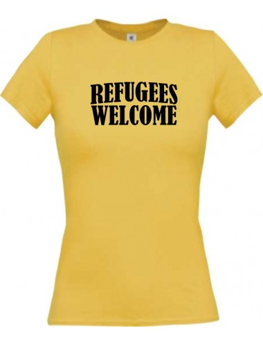 Lady T-Shirt Refugees Welcome, Flüchtlinge willkommen, Bleiberecht, gelb, L