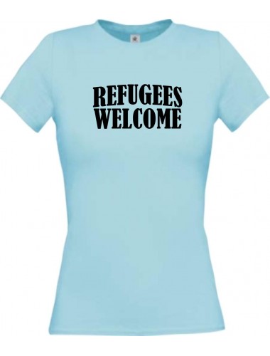 Lady T-Shirt Refugees Welcome, Flüchtlinge willkommen, Bleiberecht, hellblau, L