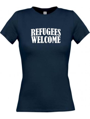 Lady T-Shirt Refugees Welcome, Flüchtlinge willkommen, Bleiberecht, navy, L