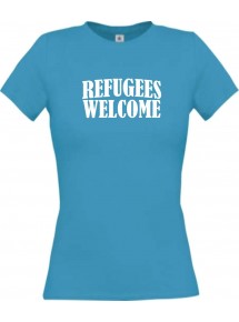 Lady T-Shirt Refugees Welcome, Flüchtlinge willkommen, Bleiberecht, türkis, L