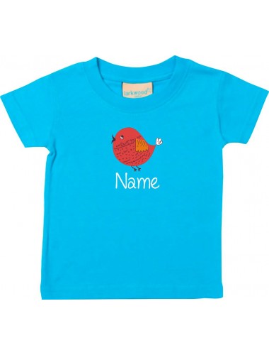 Kinder T-Shirt  mit tollen Motiven inkl Ihrem Wunschnamen Spatz tuerkis, Größe 0-6 Monate