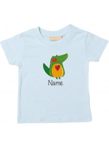 Kinder T-Shirt  mit tollen Motiven inkl Ihrem Wunschnamen Krokodil hellblau, Größe 0-6 Monate