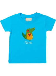 Kinder T-Shirt  mit tollen Motiven inkl Ihrem Wunschnamen Krokodil tuerkis, Größe 0-6 Monate