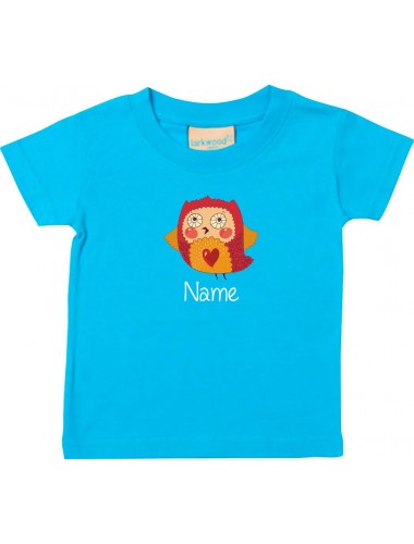 Kinder T-Shirt  mit tollen Motiven inkl Ihrem Wunschnamen Eule tuerkis, Größe 0-6 Monate