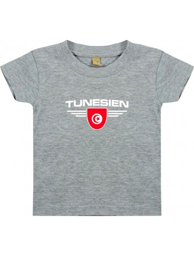 Baby Kinder-Shirt Tunesien, Wappen mit Wunschnamen und Wunschnummer Land, Länder, grau, 0-6 Monate