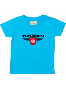 Baby Kinder-Shirt Tunesien, Wappen mit Wunschnamen und Wunschnummer Land, Länder, tuerkis, 0-6 Monate