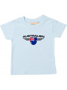 Baby Kinder-Shirt Australien, Wappen mit Wunschnamen und Wunschnummer Land, Länder, hellblau, 0-6 Monate