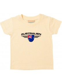 Baby Kinder-Shirt Australien, Wappen mit Wunschnamen und Wunschnummer Land, Länder, hellgelb, 0-6 Monate