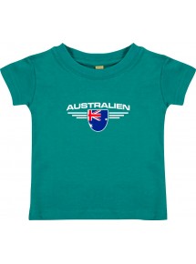Baby Kinder-Shirt Australien, Wappen mit Wunschnamen und Wunschnummer Land, Länder, jade, 0-6 Monate