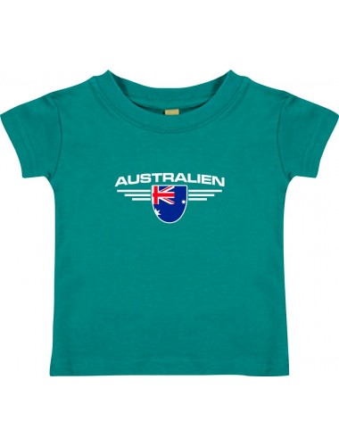 Baby Kinder-Shirt Australien, Wappen mit Wunschnamen und Wunschnummer Land, Länder, jade, 0-6 Monate