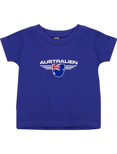 Baby Kinder-Shirt Australien, Wappen mit Wunschnamen und Wunschnummer Land, Länder, lila, 0-6 Monate