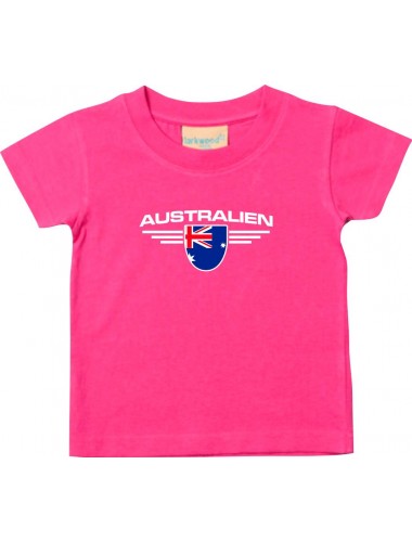 Baby Kinder-Shirt Australien, Wappen mit Wunschnamen und Wunschnummer Land, Länder, pink, 0-6 Monate