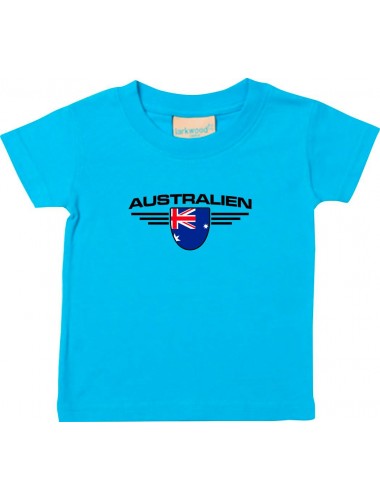 Baby Kinder-Shirt Australien, Wappen mit Wunschnamen und Wunschnummer Land, Länder, tuerkis, 0-6 Monate
