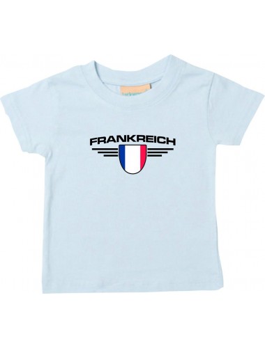 Baby Kinder-Shirt Frankreich, Wappen mit Wunschnamen und Wunschnummer Land, Länder, hellblau, 0-6 Monate