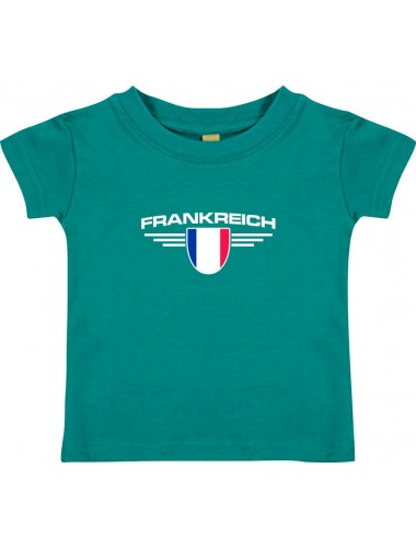 Baby Kinder-Shirt Frankreich, Wappen mit Wunschnamen und Wunschnummer Land, Länder, jade, 0-6 Monate
