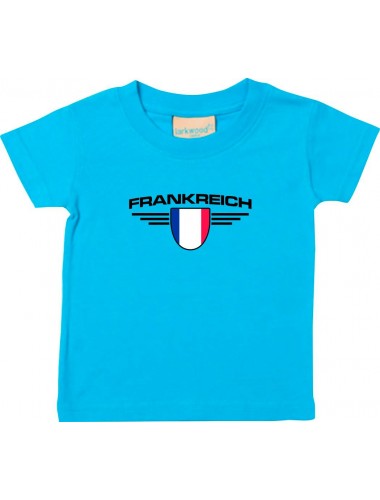 Baby Kinder-Shirt Frankreich, Wappen mit Wunschnamen und Wunschnummer Land, Länder, tuerkis, 0-6 Monate