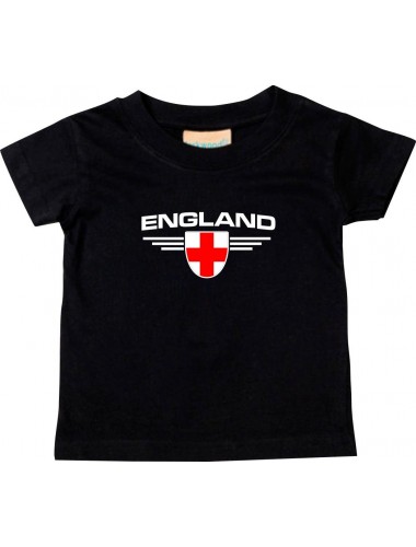 Baby Kinder-Shirt England, Wappen mit Wunschnamen und Wunschnummer Land, Länder, schwarz, 0-6 Monate