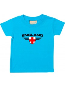Baby Kinder-Shirt England, Wappen mit Wunschnamen und Wunschnummer Land, Länder, tuerkis, 0-6 Monate