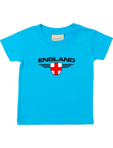 Baby Kinder-Shirt England, Wappen mit Wunschnamen und Wunschnummer Land, Länder, tuerkis, 0-6 Monate